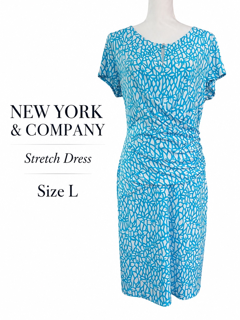 New York & Company Stretch Blue White Ruched Sheath Dress Size L